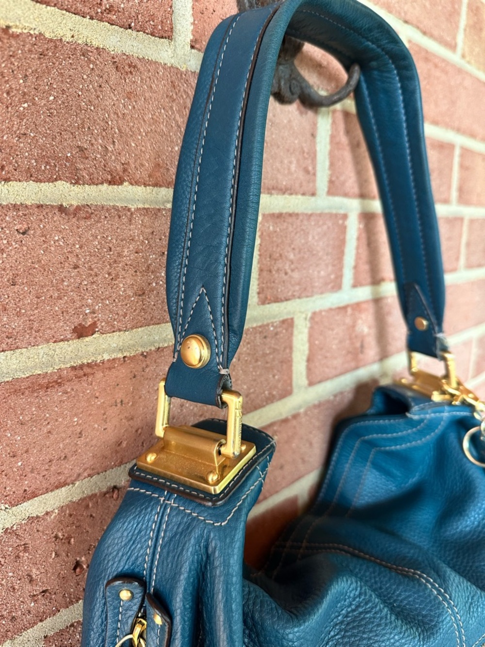 B. Makowsky Teal Pebbled Leather Hobo Shoulder Bag with Chain Accent - Picture 7 of 7